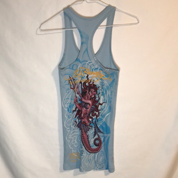 Ed Hardy by Christian Audigier women’s light blue tank top. Koi mermaid Sz OS - Picture 2 of 8